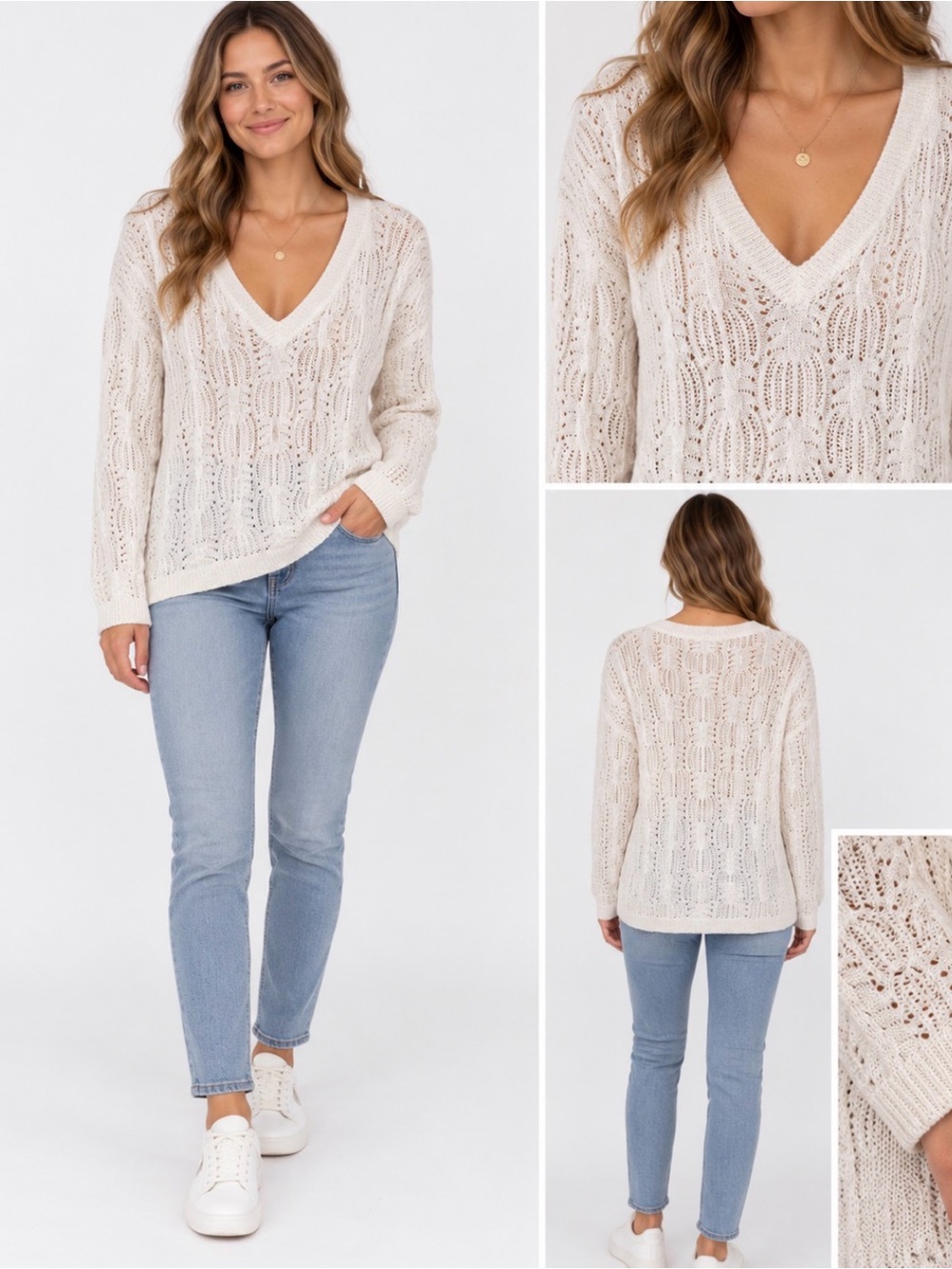 Stitch + Feather Ivory Open Knit V Neck Sweater Size M